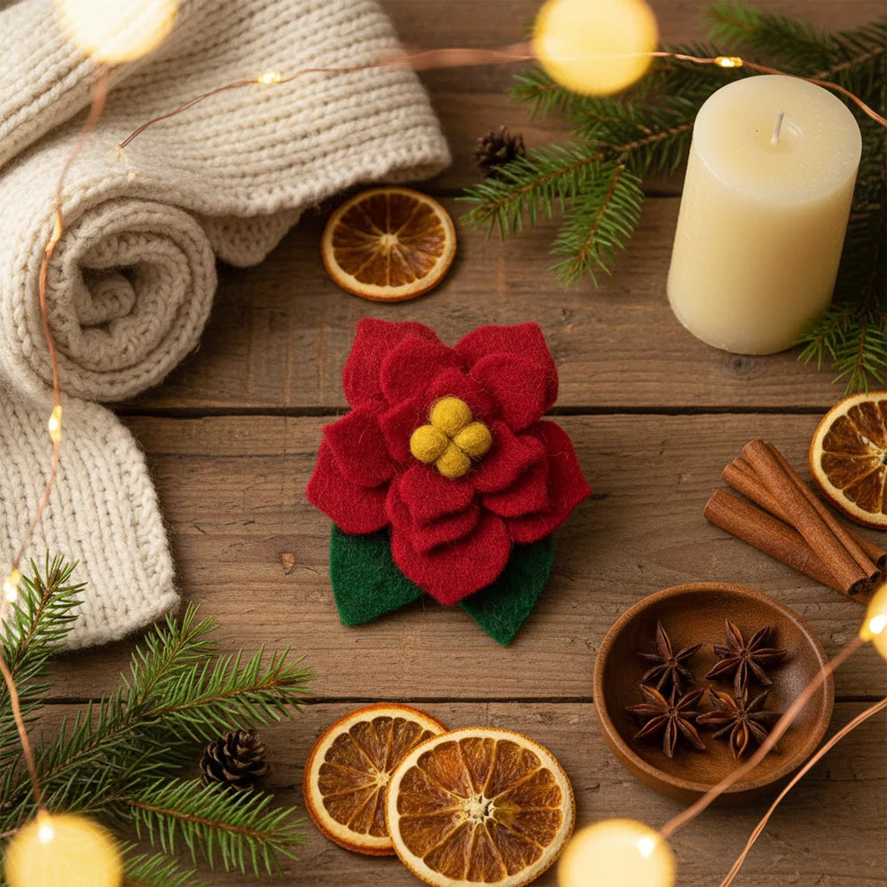 Poinsettia | Handmade Felt Christmas Brooch | Cracker Filler | Fairtrade