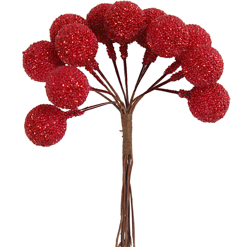 12 Wired Red Glittered Berries for Christmas Wreaths & Faux Floristry