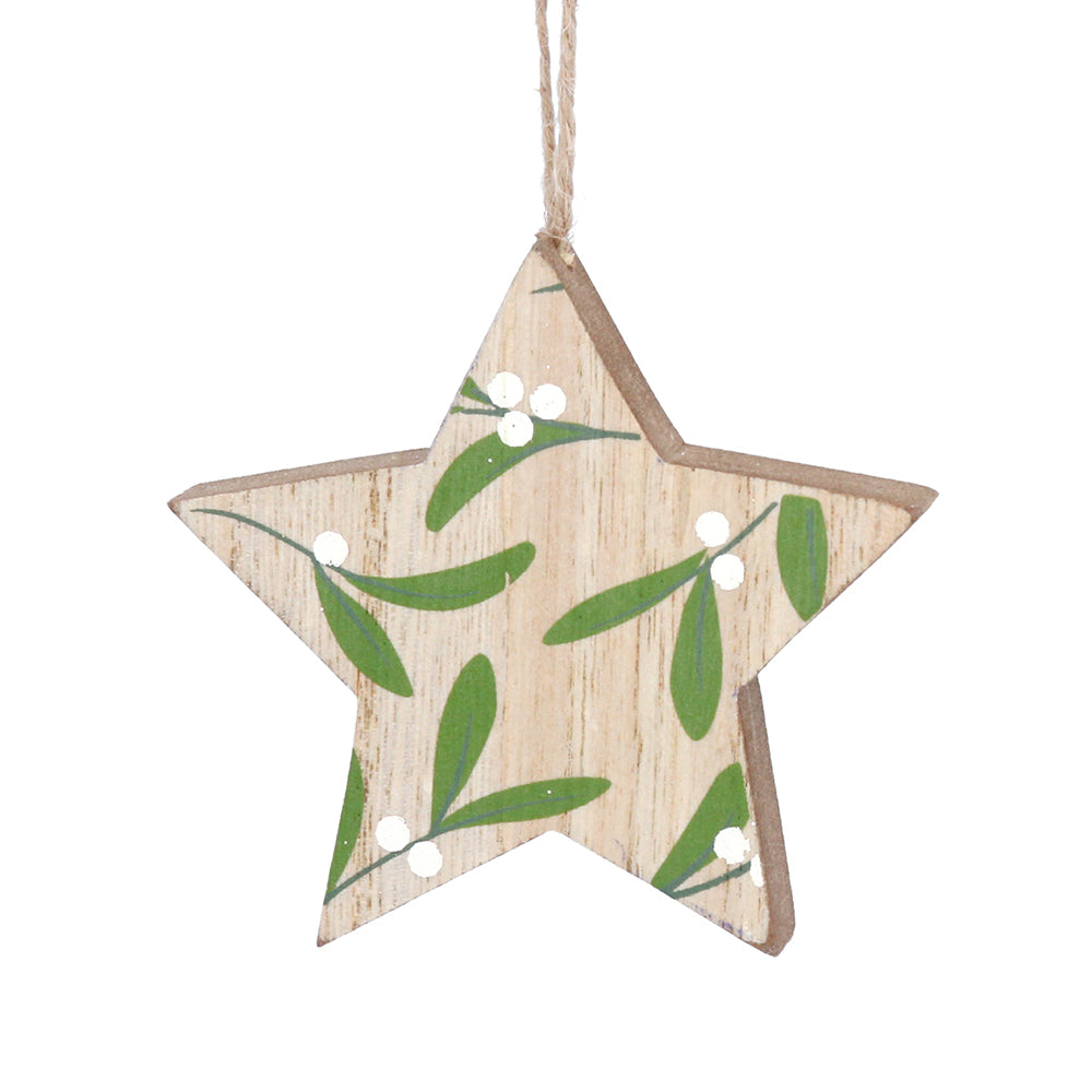 8cm Gisela Graham Wooden Star Mistletoe Design Tree Decoration | Natural