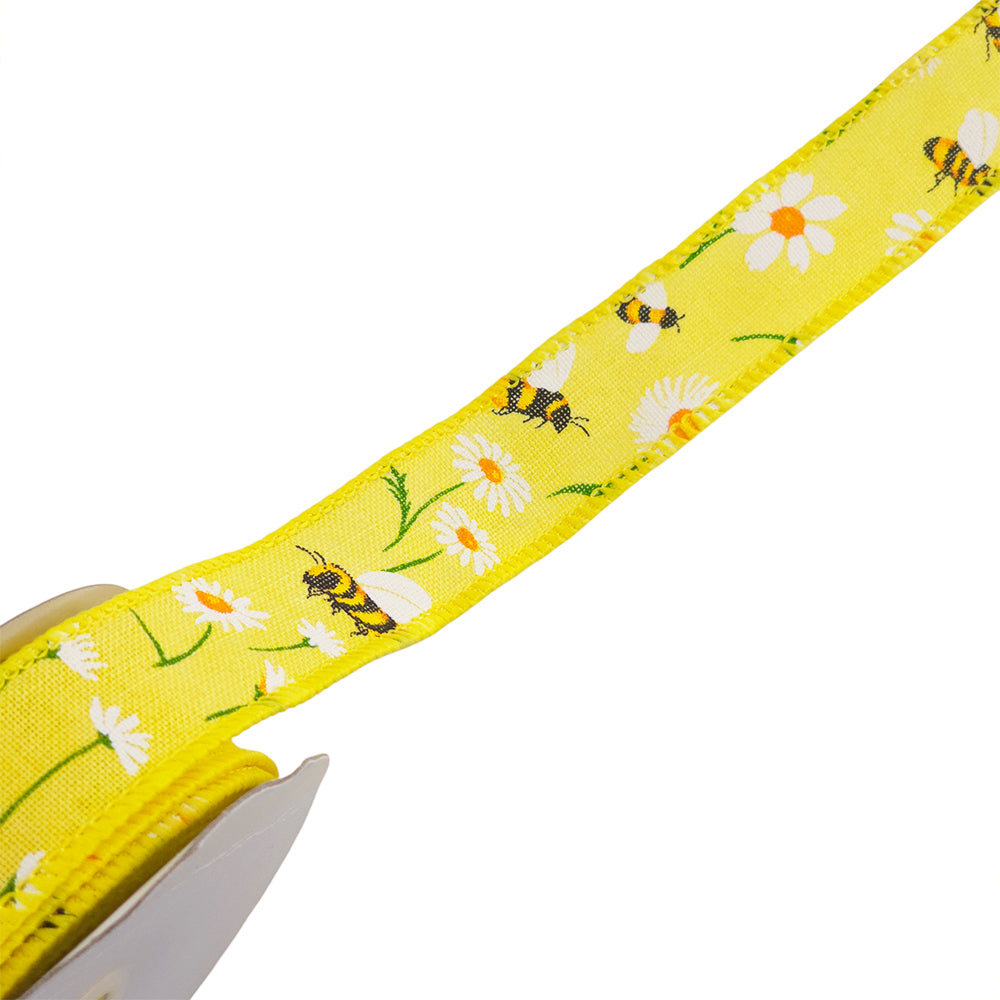 Bees &amp; Daisies | Wired Edge Hessian Style Ribbon | 25/38/63mm Wide | 10m Reel