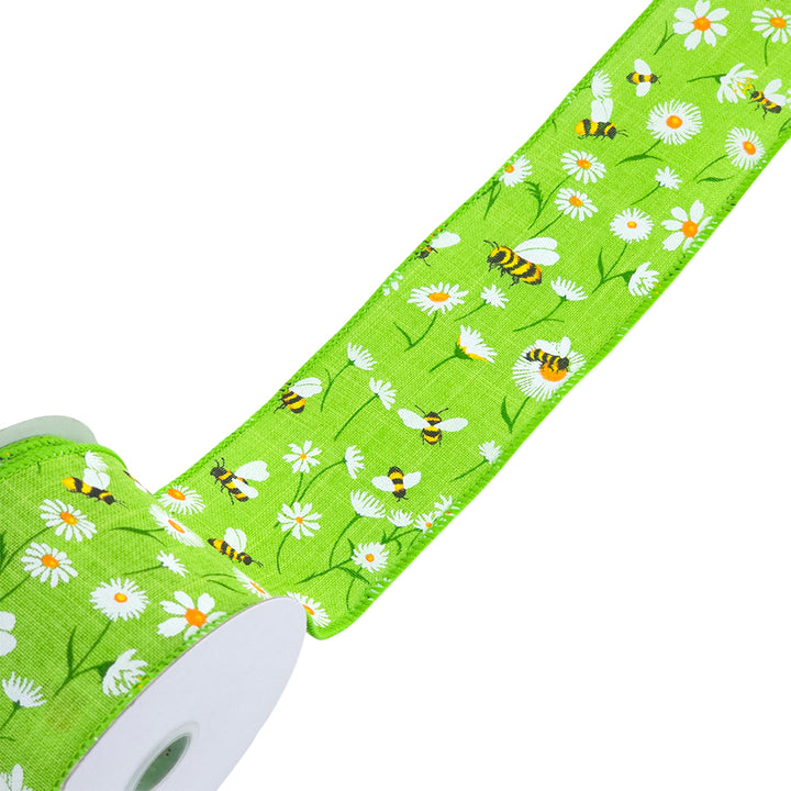 Bees &amp; Daisies | Wired Edge Hessian Style Ribbon | 25/38/63mm Wide | 10m Reel