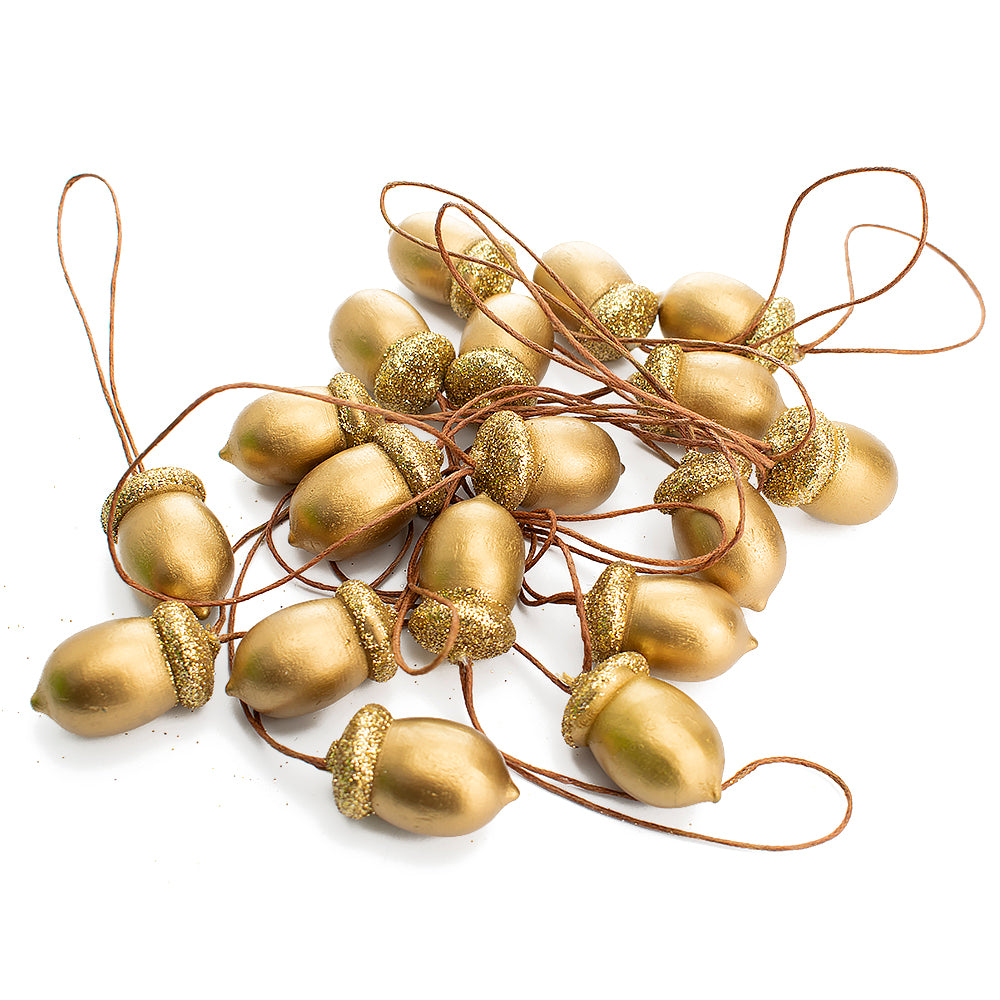 18Pk 3cm Wood and Glitter Acorn Hanging Tree Decoration Ornament - Painted Gold