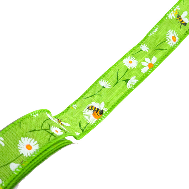 Bees &amp; Daisies | Wired Edge Hessian Style Ribbon | 25/38/63mm Wide | 10m Reel