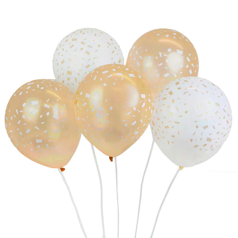 5 Gold & White Confetti Print Balloons | With Paper String | 30cm Latex