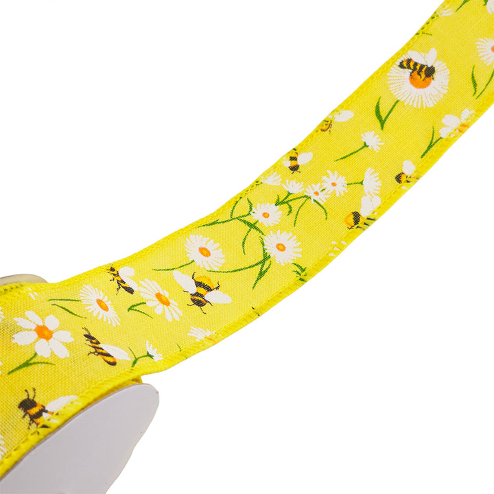 Bees &amp; Daisies | Wired Edge Hessian Style Ribbon | 25/38/63mm Wide | 10m Reel