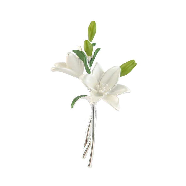 Lily Spray Brooch | Pearlescent White | 6.5cm Long | Little Gift | Cracker Filler