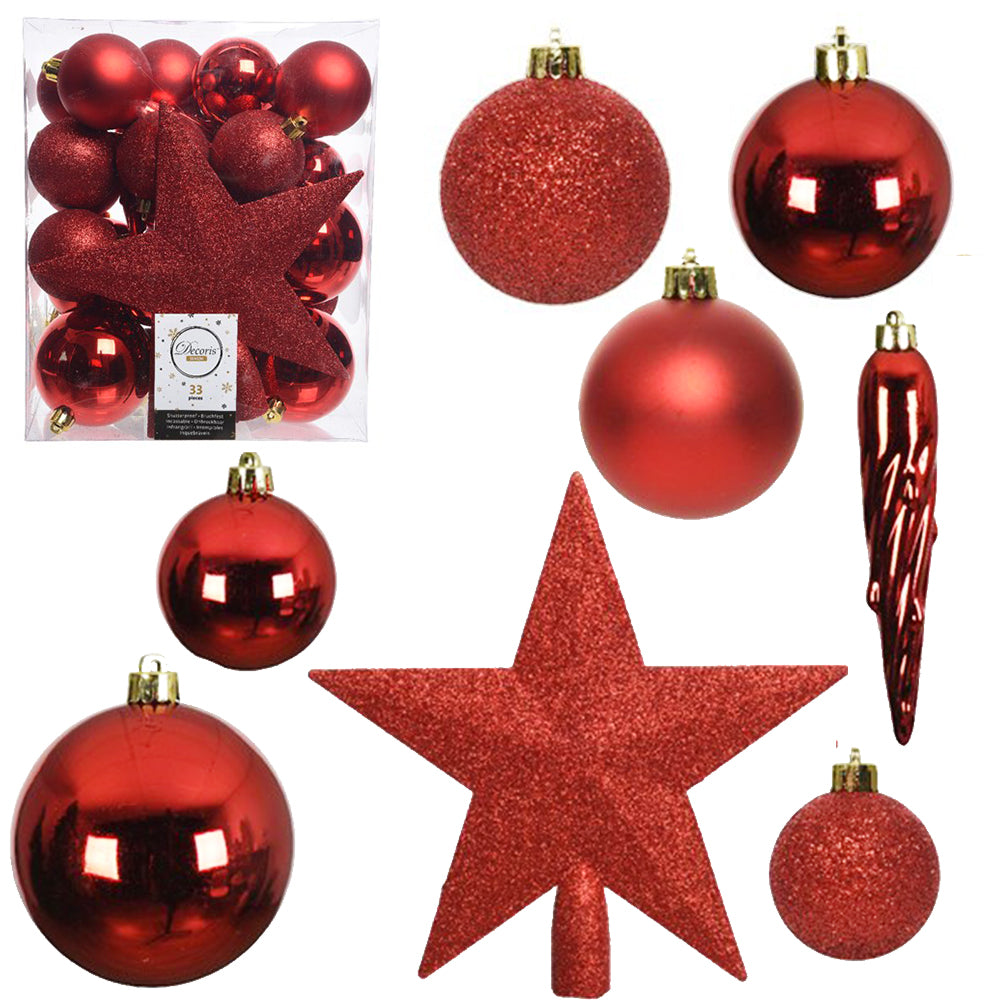 33 Piece Shatterproof Christmas Baubles Selection | Red Shiny & Glitter