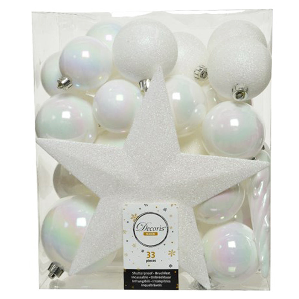 33 Piece Shatterproof Christmas Bauble Selection | White Matt & Glitter