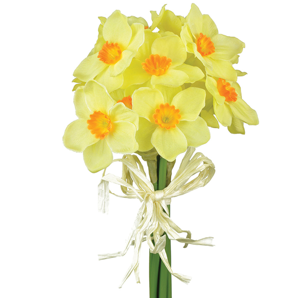 7 Mini Yellow & Orange Centred Fabric Daffodils Bunch - Artificial Silk Faux Flowers