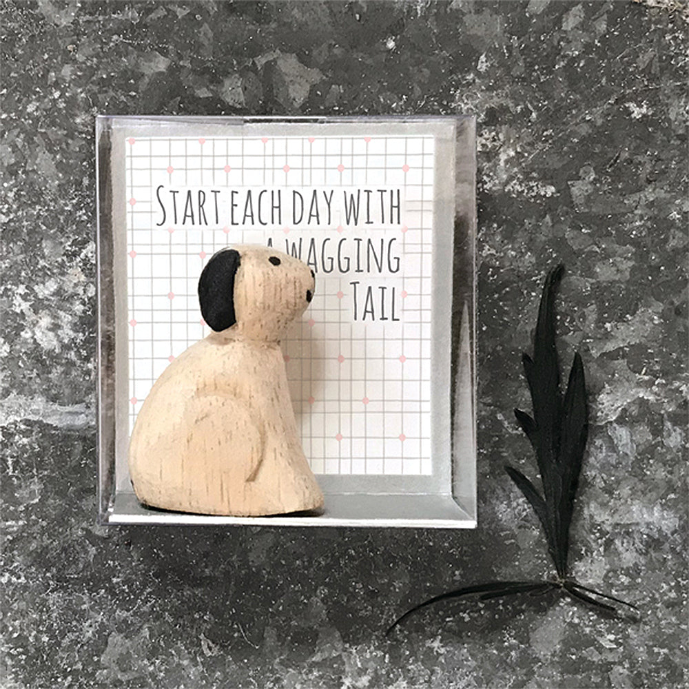4cm Wooden Dog Boxed | Start Each Day With A Wagging Tail | Cracker Filler | Mini Gift